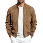 Suede Long Sleeve Zip Up Jacket Men's Casual Outerwear With Full Zip Closure
